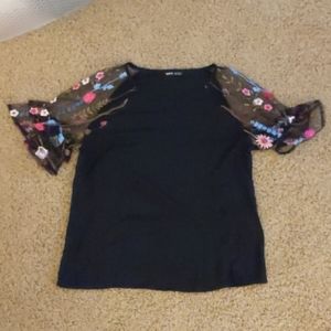 S Black Embroidered Mesh Sleeve T-Shirt